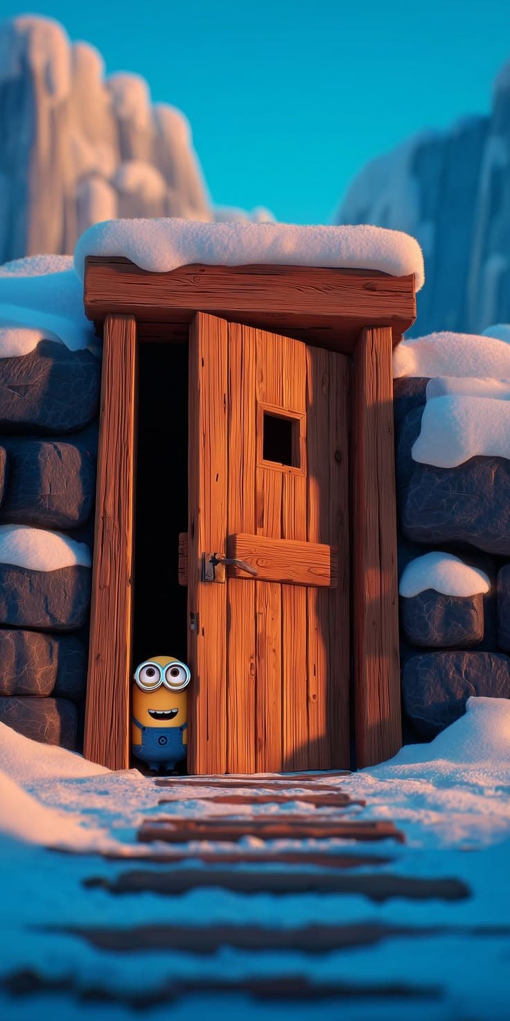 Minion Peeking from Snowy Wooden Door – Cute Winter Cabin Wallpaper - Free HD Cartoons Wallpaper | Noqis16K