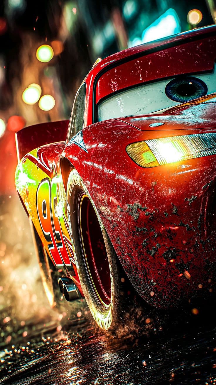 Lightning McQueen Rainy Night Close-Up Wallpaper – Cars 4K Aesthetic Background - Free HD Cartoons Wallpaper | Noqis16K