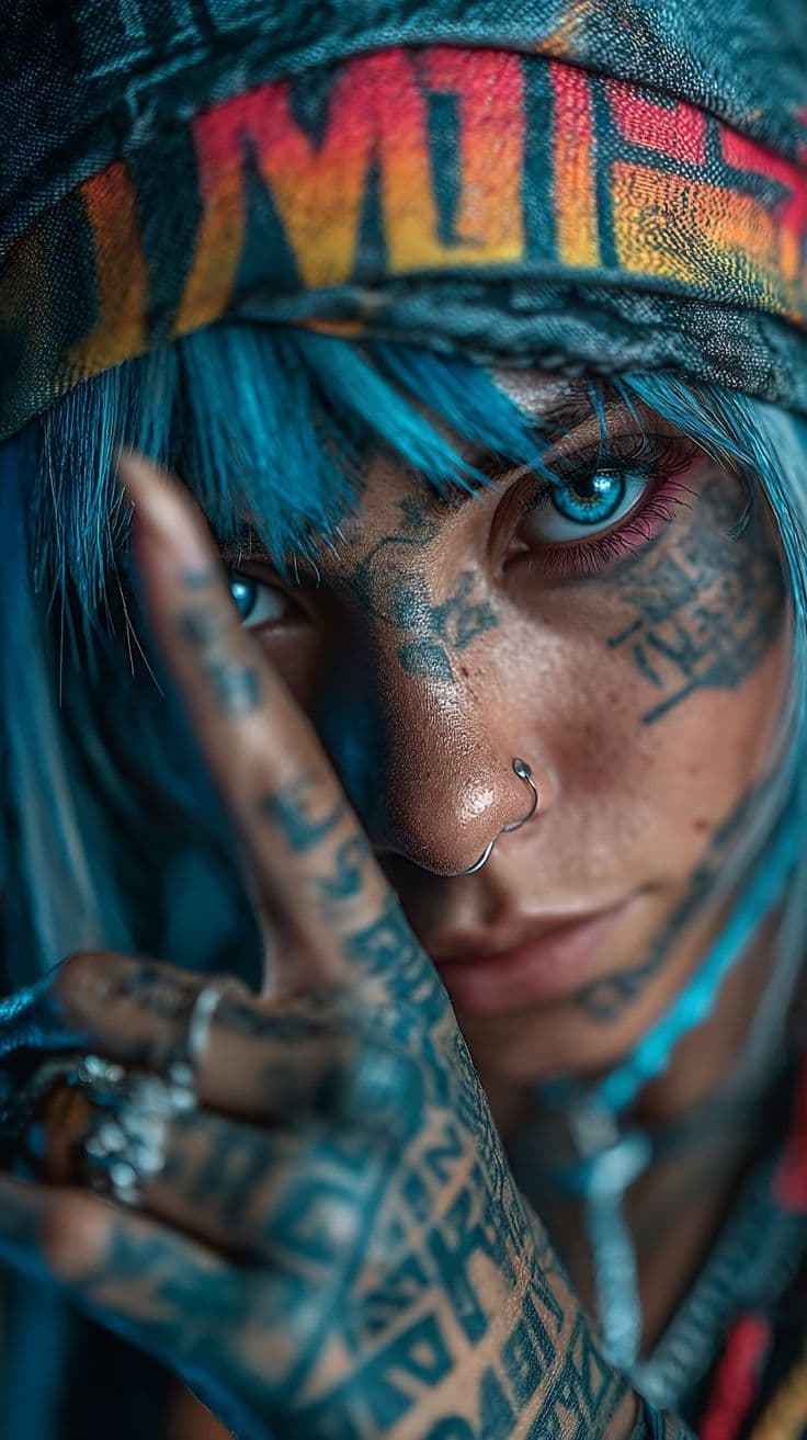 Tattooed Blue Hair Cyberpunk Style Portrait - Free HD Portrait Wallpaper | Noqis16K
