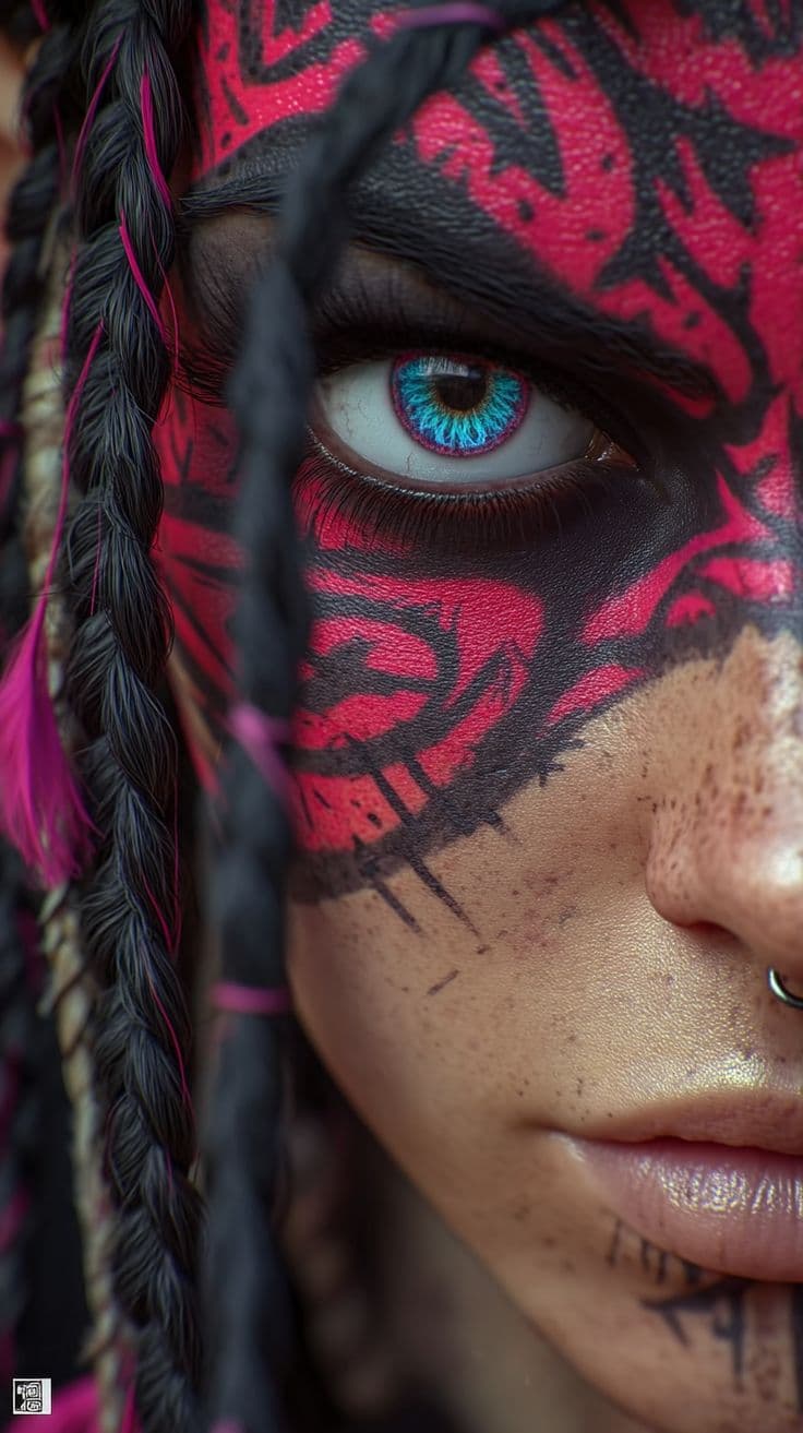 Tribal Face Paint with Vibrant Blue Eye Close-Up - Free HD Portrait Wallpaper | Noqis16K